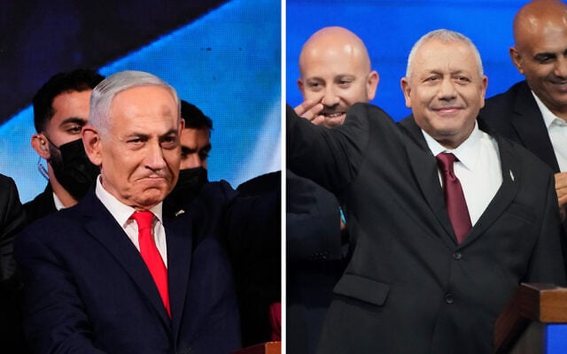 Prime Minister Benjamin Netanyahu and Yashar chief Gadi Eisenkot wave to supporters at their respective party campaign headquarters, after the October 27, 2026, election. (AP Photo/Ohad Zwigenberg, AP Photo/Ariel Schalit)