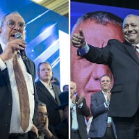 United Torah Judaism party chair MK Yaakov Asher in Bnei Brak, October 28, 2026, left, and Yashar party chair Gadi Eisenkot in Tel Aviv, October 28, 2026, at right. (Hilel Ben Or/Flash90, Avshalom Sassoni/Flash90)