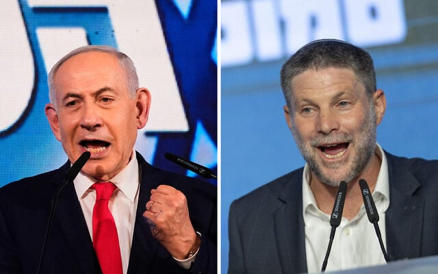 Prime Minister Benjamin Netanyahu (left) and Finance Minister Bezalel Smotrich speak to supporters on election night, October 28, 2026. (AP/Ohad Zwigenberg, Chaim Goldberg/Flash90)