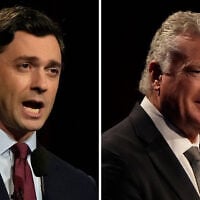 Left: US Sen. Jon Ossoff, Georgia Democrat, speaks to the panel during an Atlanta Press Club general election senatorial debate, October 13, 2026, in Atlanta; Right: US Rep. Mike Collins, a Georgia Republican, speaks during an Atlanta Press Club general election senatorial debate, October 13, 2026, in Atlanta. (AP Photo/Mike Stewart)