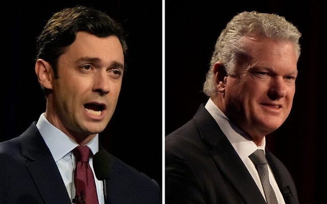 Left: US Sen. Jon Ossoff, Georgia Democrat, speaks to the panel during an Atlanta Press Club general election senatorial debate, October 13, 2026, in Atlanta; Right: US Rep. Mike Collins, a Georgia Republican, speaks during an Atlanta Press Club general election senatorial debate, October 13, 2026, in Atlanta. (AP Photo/Mike Stewart)