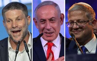 Religious Zionism chairman Bezalel Smotrich, Prime Minister Benjamin Netanyahu and Otzma Yehudit chief Itamar Ben Gvir address supporters after October 27, 2026, elections. (Chaim Goldberg/Flash90, Jewel Samad/AFP, AP Photo/Leo Correa) Religious Zionism chairman Bezalel Smotrich, Prime Minister Benjamin Netanyahu and Otzma Yehudit chief Itamar Ben Gvir address supporters after October 27, 2026, elections. (Chaim Goldberg/Flash90, Jewel Samad/AFP, AP Photo/Leo Correa)