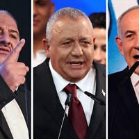 Left to right: Ra'am chief Mansour Abbas speaks in Sakhnin, Yashar chief Gadi Eisenkot speaks in Tel Aviv, and Prime Minister Benjamin Netanyahu speaks in Jerusalem, following the release of exit poll results on election night, October 27, 2026. (Michael Giladi/Flash90, Jack GUEZ/AFP, AP Photo/Ohad Zwigenberg)