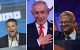 Religious Zionism chairman Bezalel Smotrich, Prime Minister Benjamin Netanyahu and Otzma Yehudit chief Itamar Ben Gvir address supporters after October 27, 2026, elections. (Chaim Goldberg/Flash90, Jewel Samad/AFP, AP Photo/Leo Correa)