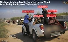 This IDF infographic published on October 20, 2026, shows Hamas terrorists driving to the Gaza Strip with the body of Shani Louk on October 7, 2023. (AP/Ali Mahmud; Israel Defense Forces)