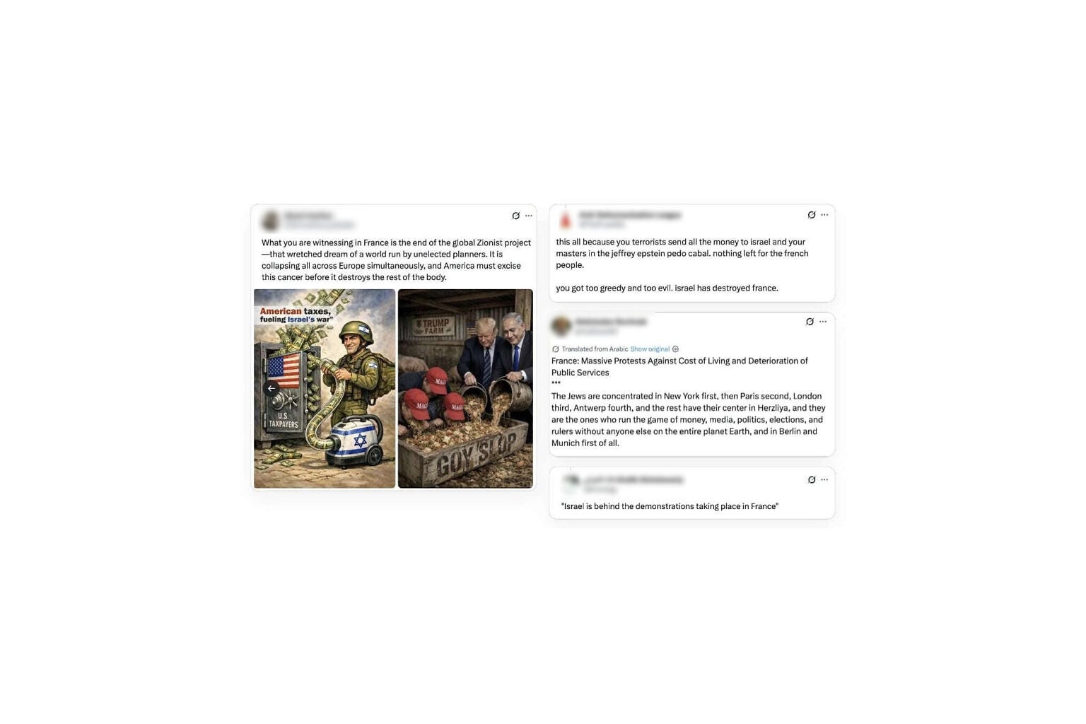 A collection of social media posts tying the violent protests in France to Jews and Israel (Screenshots)