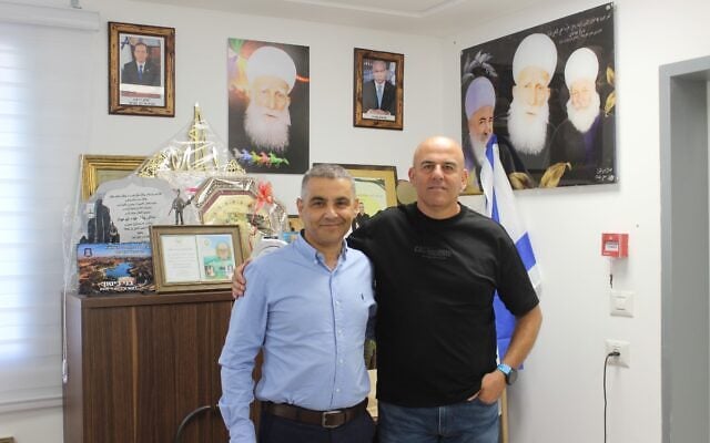 Buq'ata mayor William Abu Awad, left, and Salman Owida, Director General of Buq'ata on October 12, 2026. (Courtesy/Saleh Farhat)